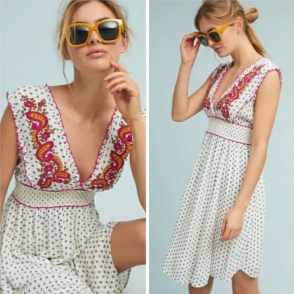 🏵️ Anthropologie Lilka Maggie Embroidered Mini / Midi Dress – M